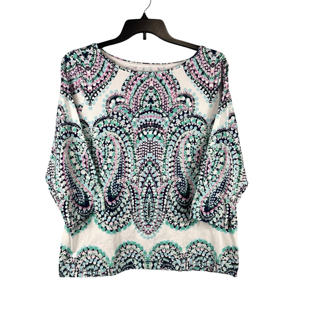 Talbots Tee Plus 2X Pink Teal Paisley Dot Print 3/4 Sleeve Cotton Spandex Top